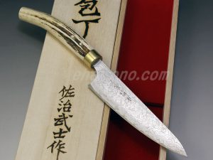 佐治武士作　Ｒ2粉末ハイス　ダマスカス　カスタムペティ135丸鹿角ハンドル